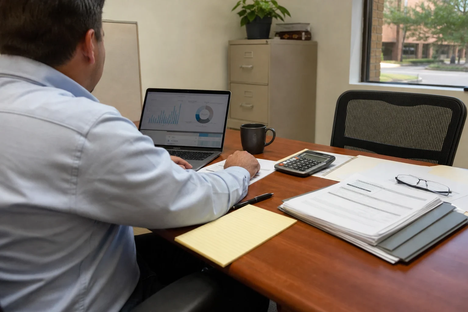 Man in a light blue shirt reviews charts on a laptop at a wooden conference table with paperwork, a calculator, a legal pad and glasses in a small office