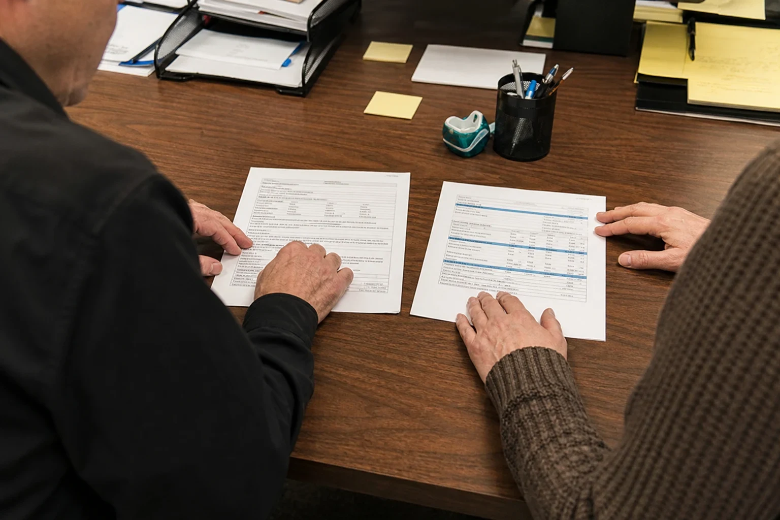 Two people seated at a wooden office desk, hands resting on two printed forms laid side by side, with a pen cup, sticky notes and paper trays nearby