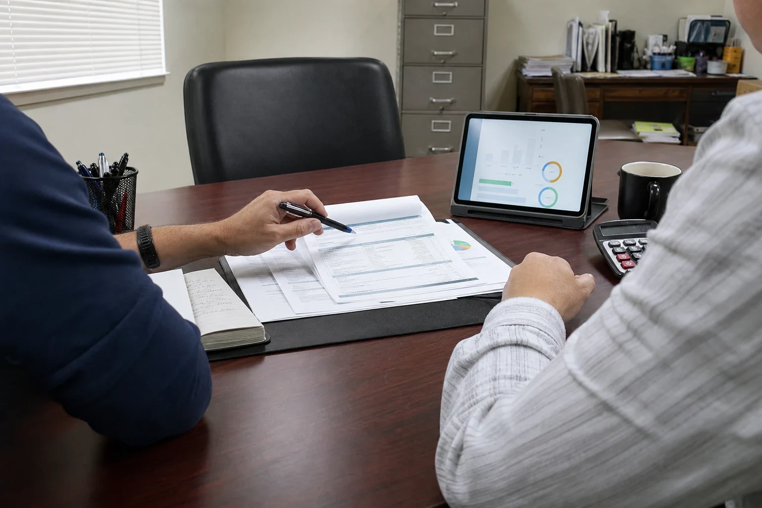 Two people at a wooden office desk reviewing a printed statement with a pen, beside a notebook, calculator, coffee mug, tablet showing charts and a filing cabinet.